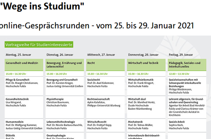 Einladung zur Vortragsreihe „Wege ins Studium“ der Hochschule Fulda